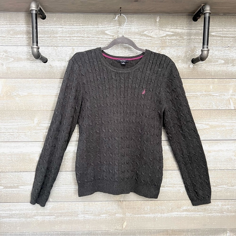 Nautica | Women’s Classic Cable Knit Crew Sweater Dark Gray Size Medium
